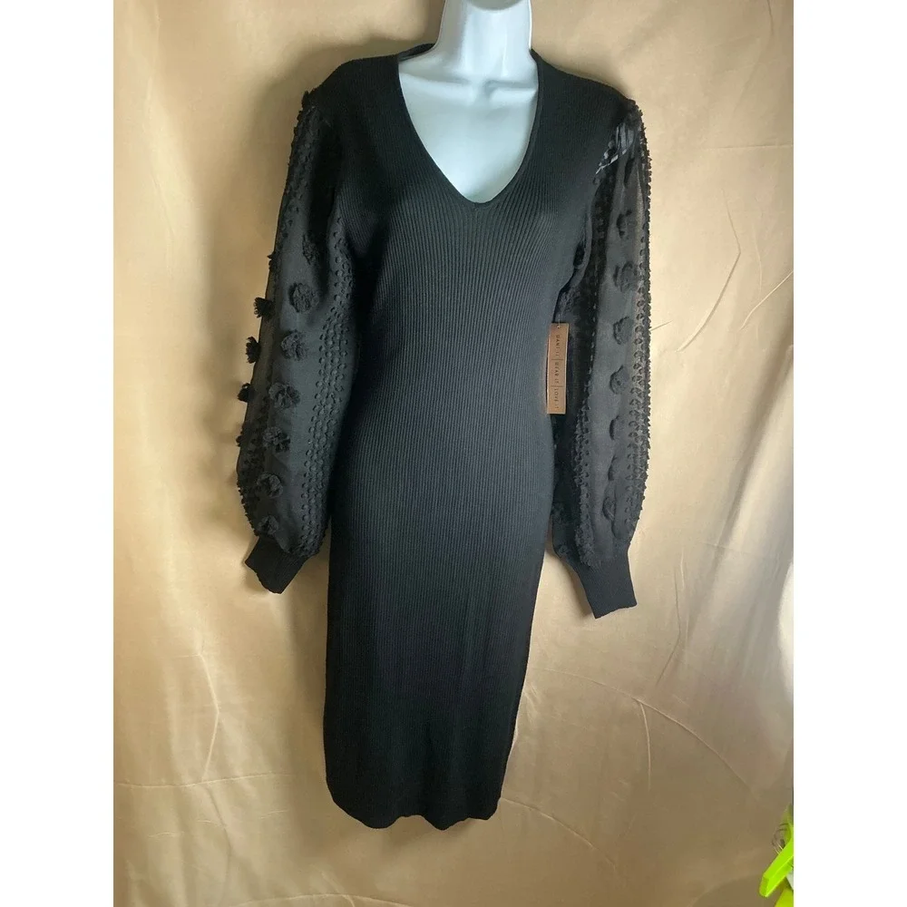Almost Famous Ribbed Knit Dress Womens XL Black New Sheer 3D Pom Balloon Sleeve